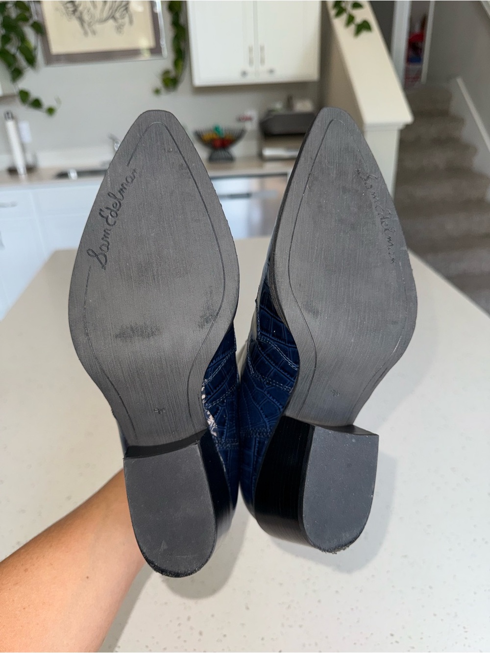 Sam Edelman Navy Croc-Embossed Patent Ankle Booties - Picture 11 of 14